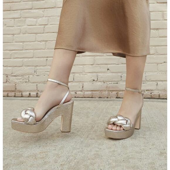 Loeffler Randall Fae Metallic Braided Strap Heels Platform Sandals Prosecco 10 - Picture 2 of 16